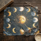 Celestial lens cloth styled beside reading glasses and a book on a cosy, witchy desk