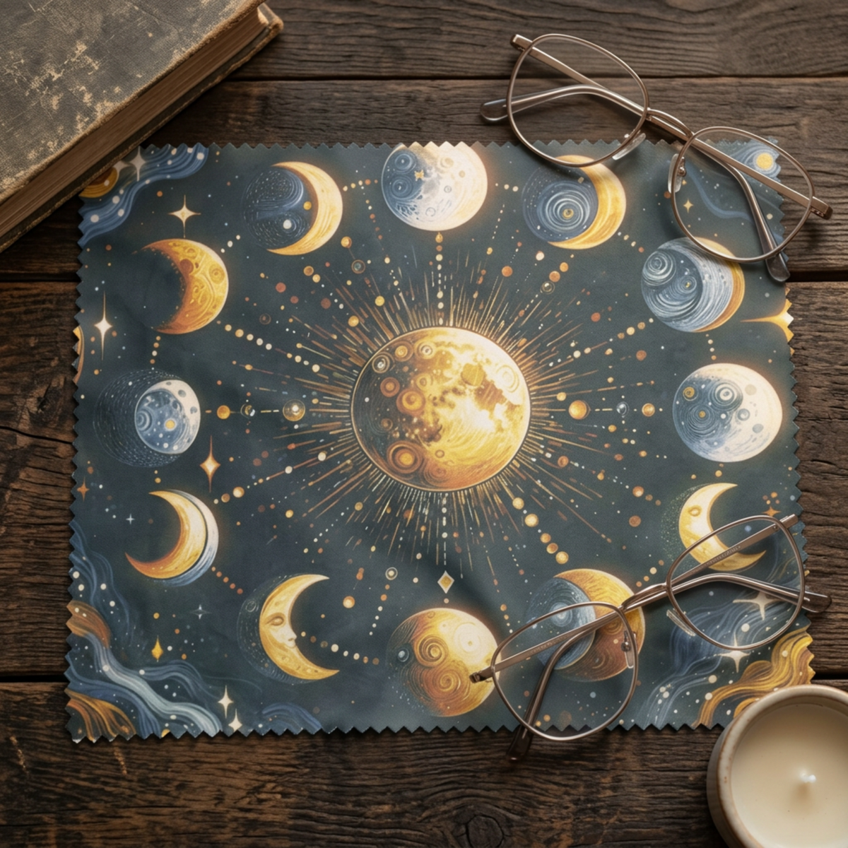 Celestial lens cloth styled beside reading glasses and a book on a cosy, witchy desk