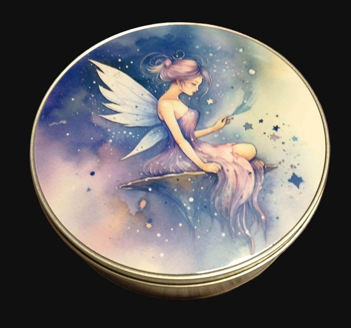 Round metal storage tin featuring a beautiful celestial watercolour fairy design in shades of blue, lilac and gold