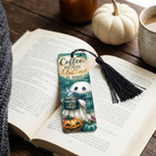 Coffee ghost bookmark in a cosy autumn reading scene