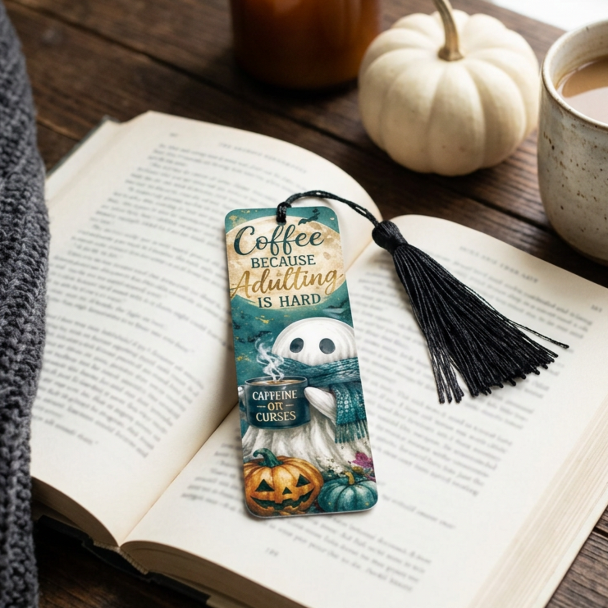 Coffee ghost bookmark in a cosy autumn reading scene