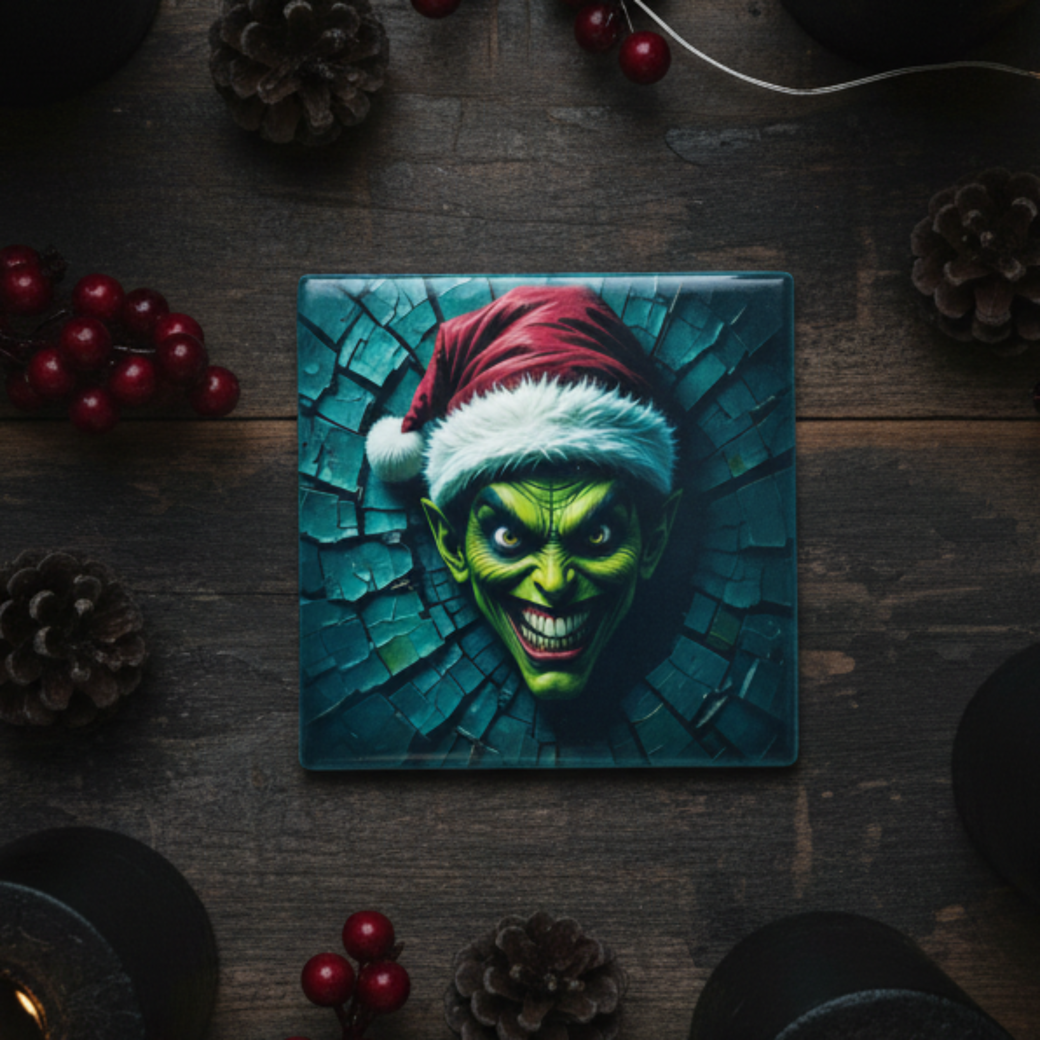 Creepy Christmas Ceramic Coaster Lifestyle