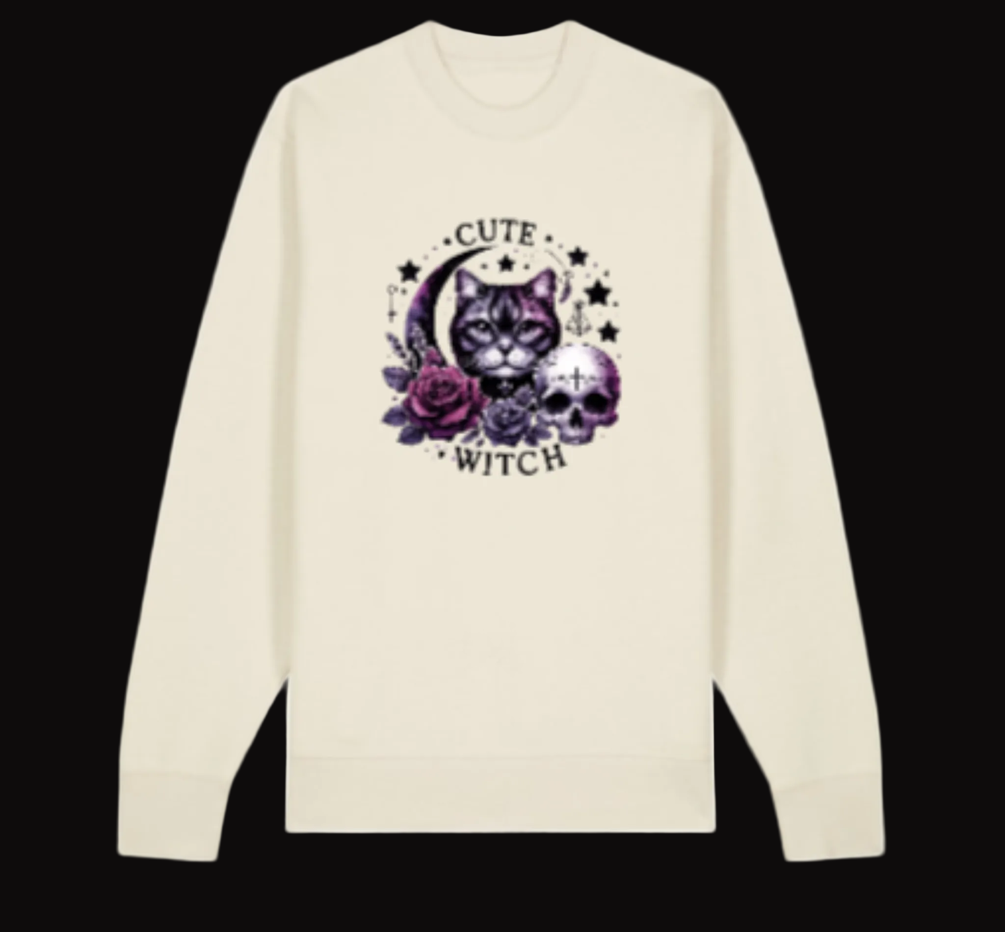 Beige sweatshirt with a graphic design featuring a cat, moon, and skull on a white background