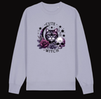 Light purple sweatshirt with a graphic design of a cat, skull, and flowers on a white background