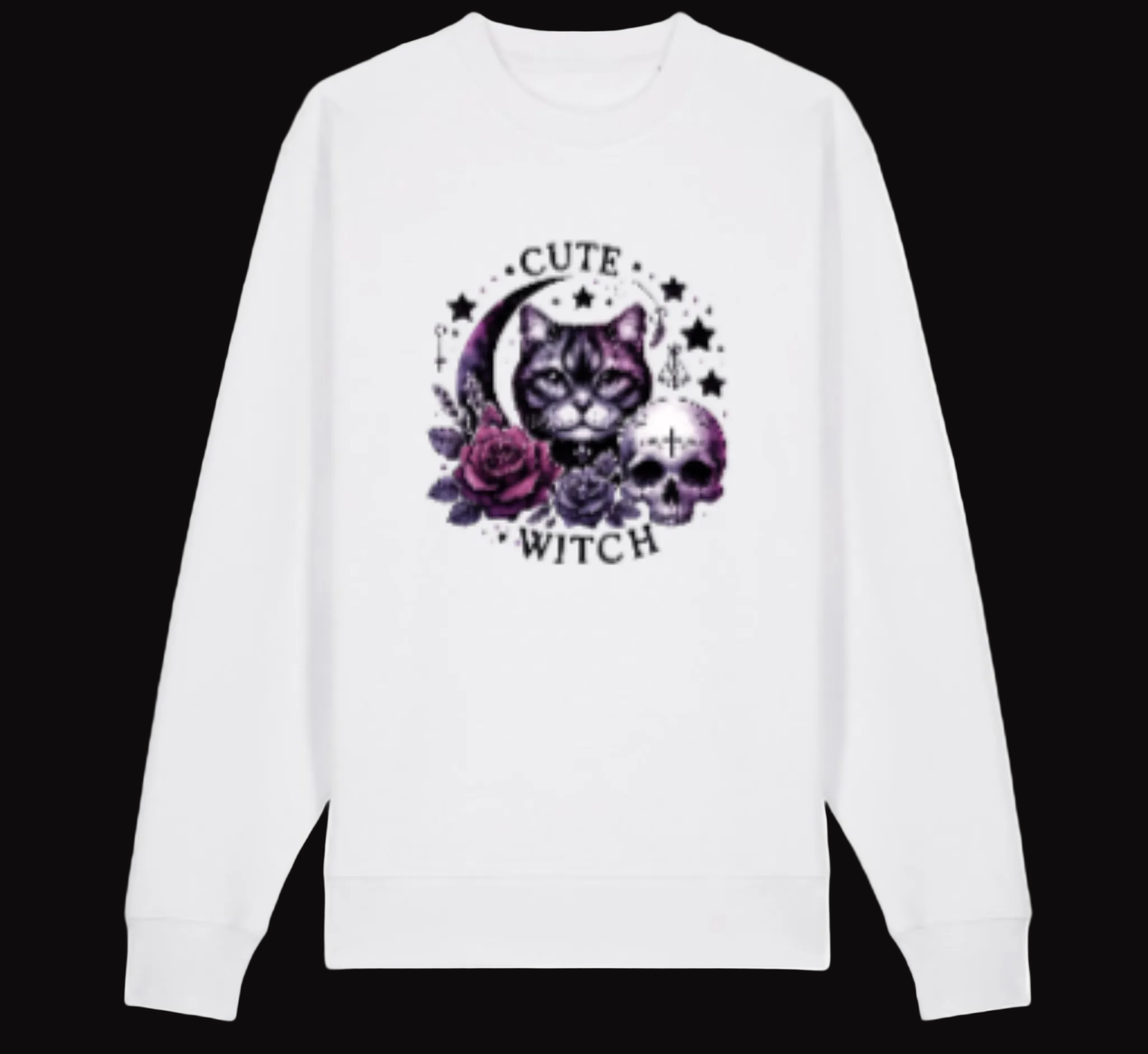 White sweatshirt with a cat and skull design and 'Cute Witch' text on a white background