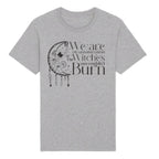 Gray t-shirt with black graphic and text on a white background