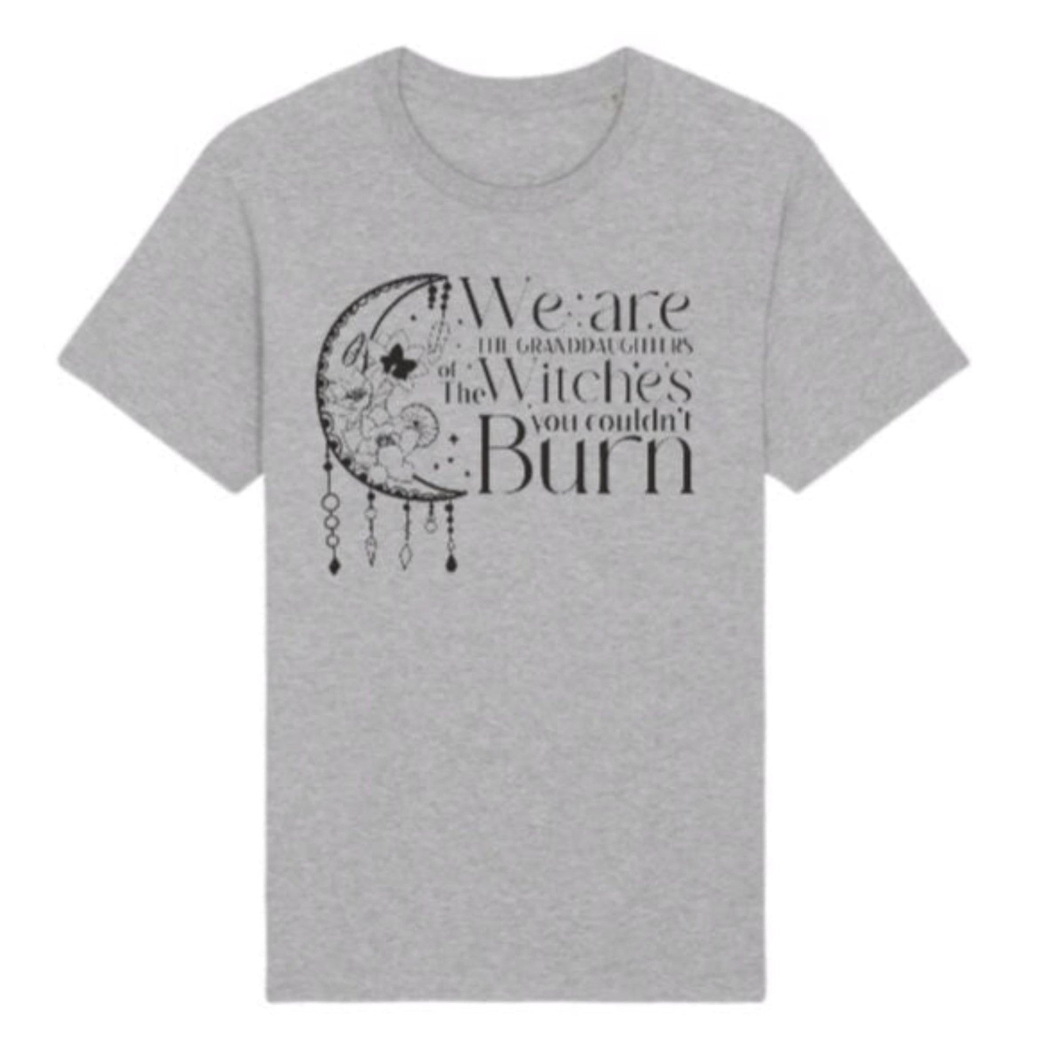 Gray t-shirt with black graphic and text on a white background