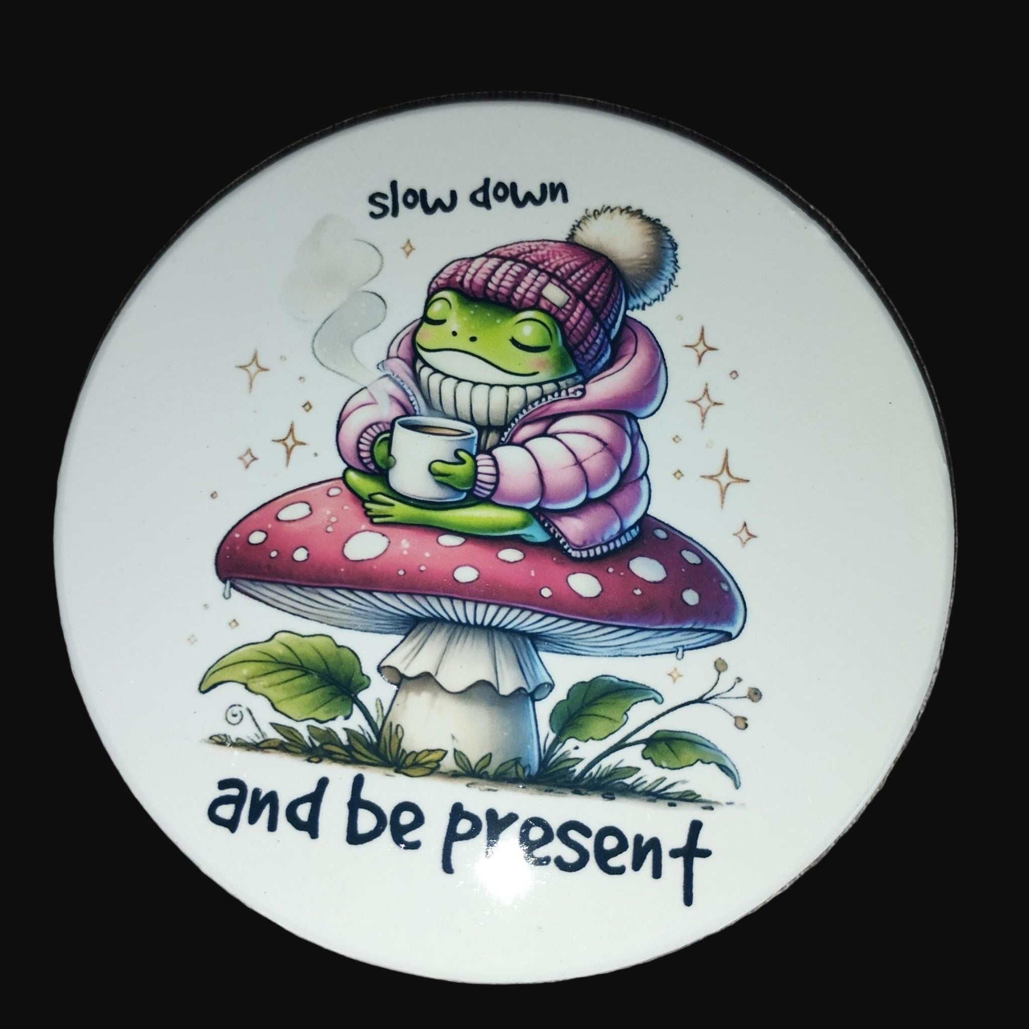 Slow Down and Be Present Ceramic Coaster - Frog & Mushroom Mindfulness Gift