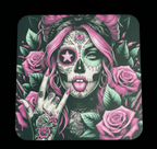 Artistic depiction of a stylized woman with a sugar skull design, pink hair, and surrounded by roses on a dark background.