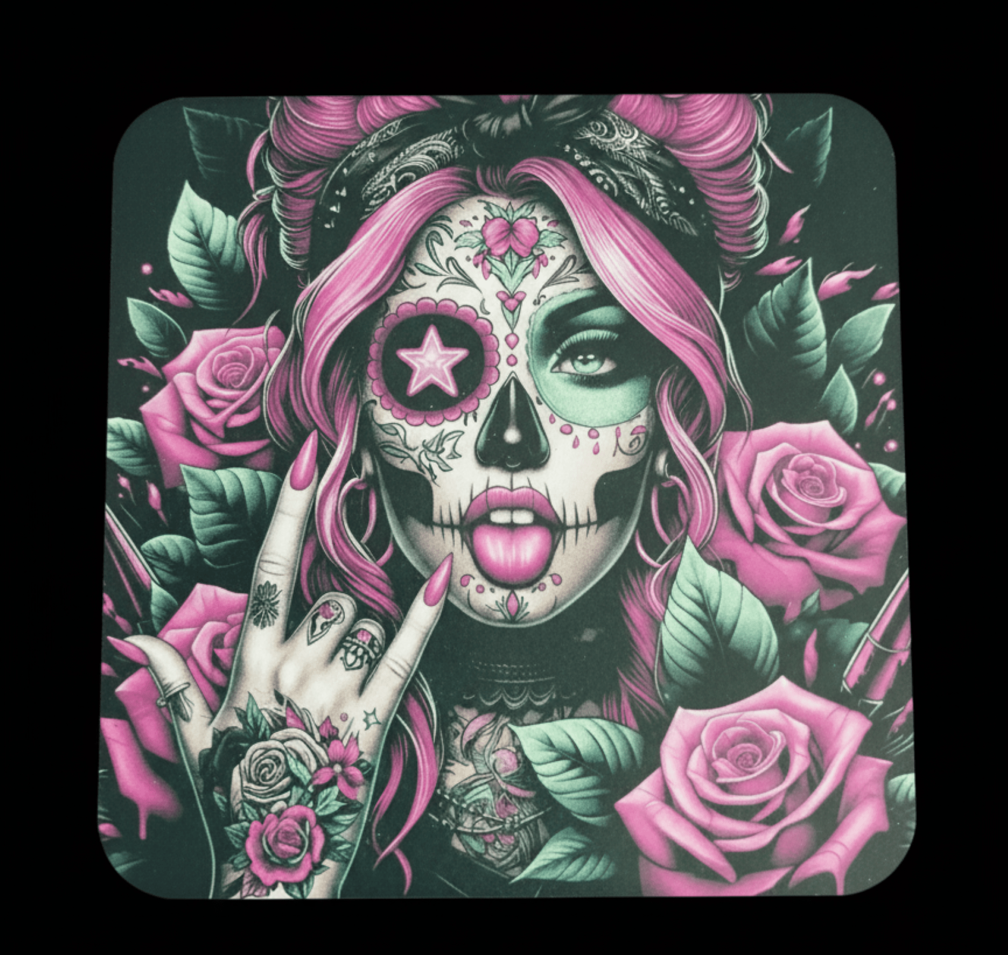 Artistic depiction of a stylized woman with a sugar skull design, pink hair, and surrounded by roses on a dark background.