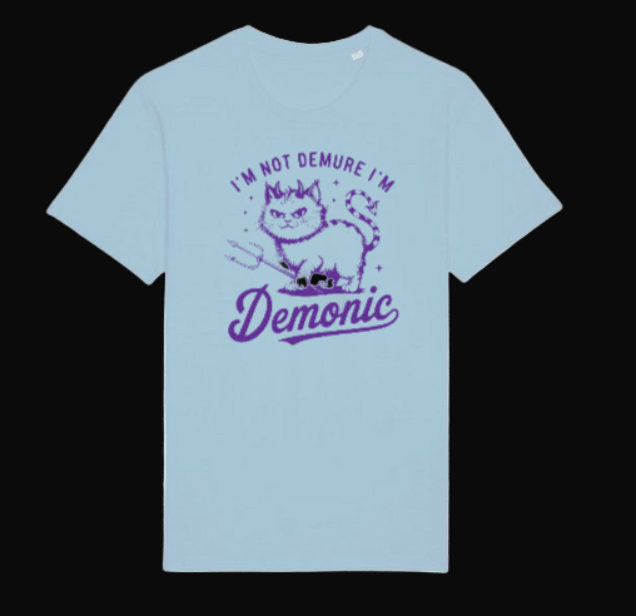 Light blue t-shirt with purple graphic and text on a black background