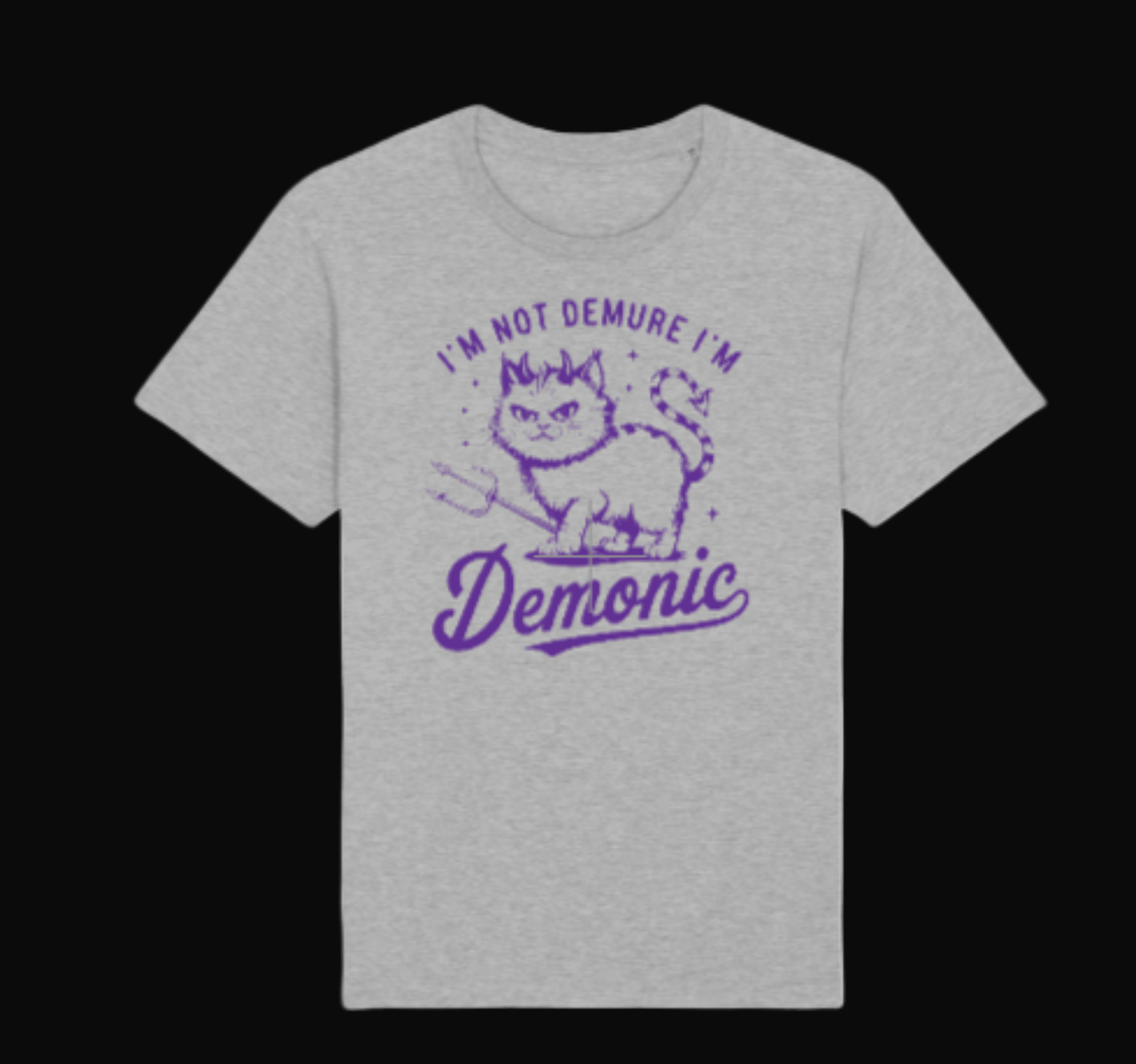 Grey t-shirt with purple graphic and text on a black background