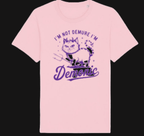 Pink t-shirt with a cat graphic and text on a white background