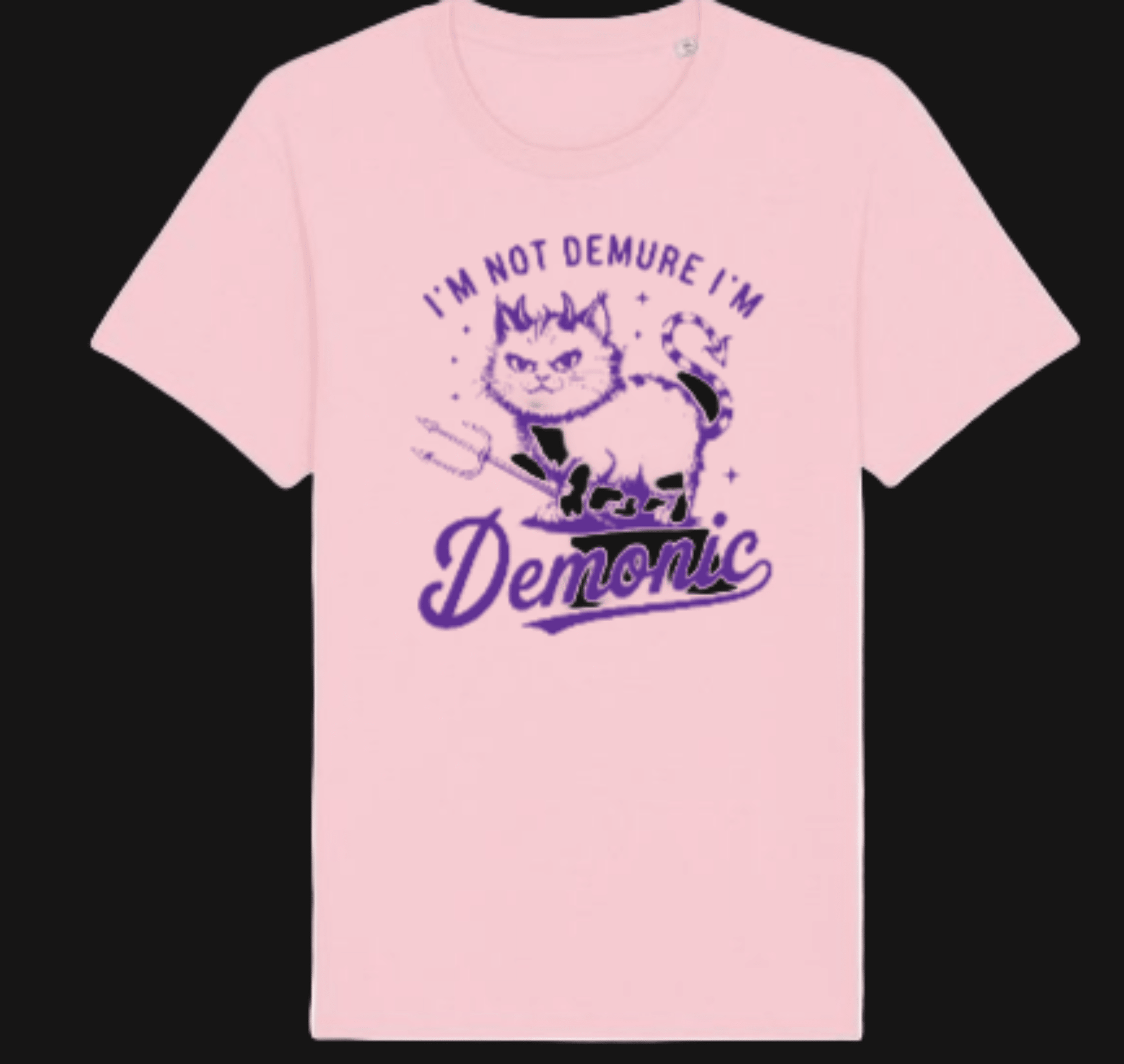 Pink t-shirt with a cat graphic and text on a white background