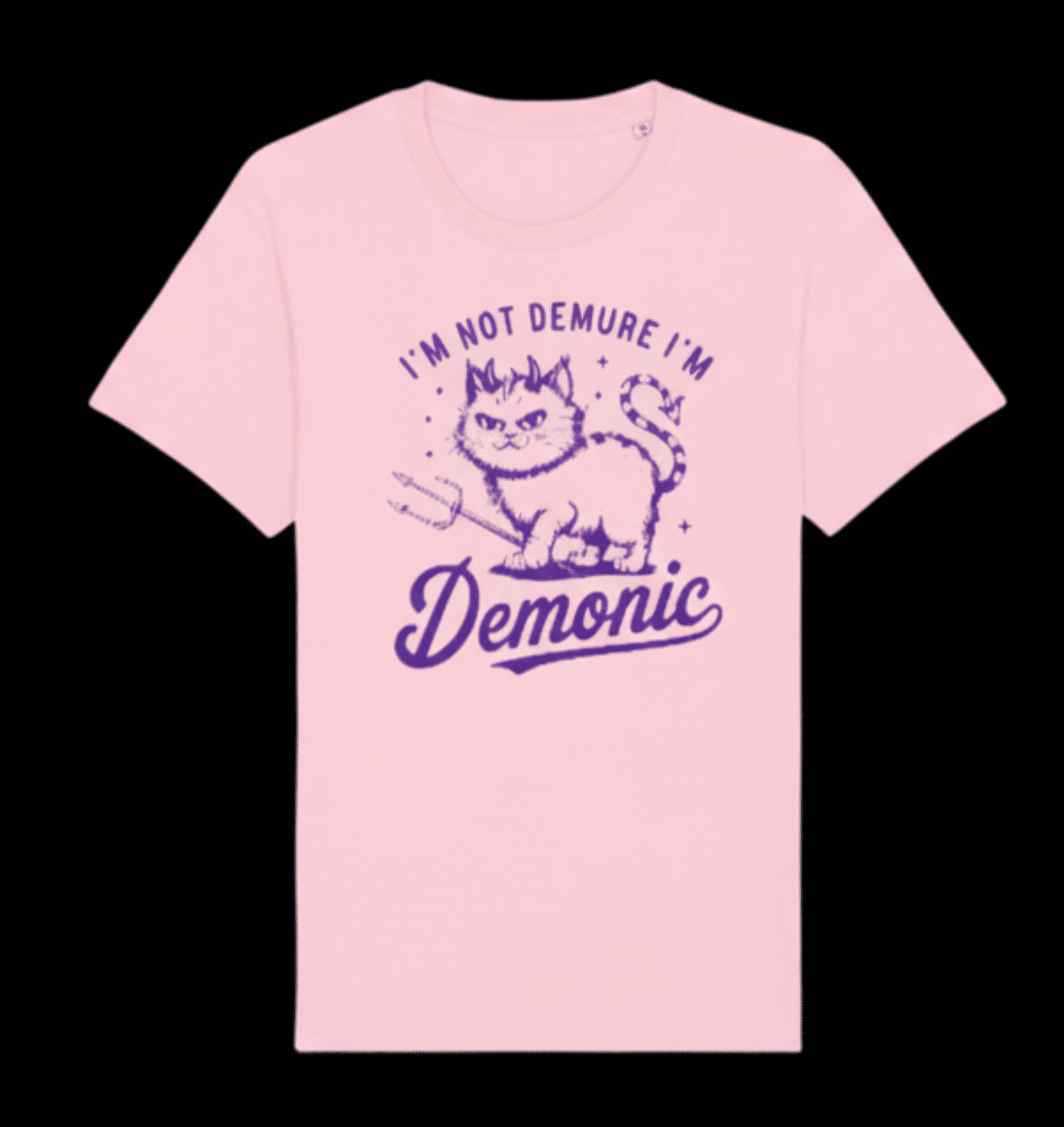 Pink t-shirt with purple graphic and text on a black background