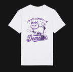 White t-shirt with purple graphic and text on a white background