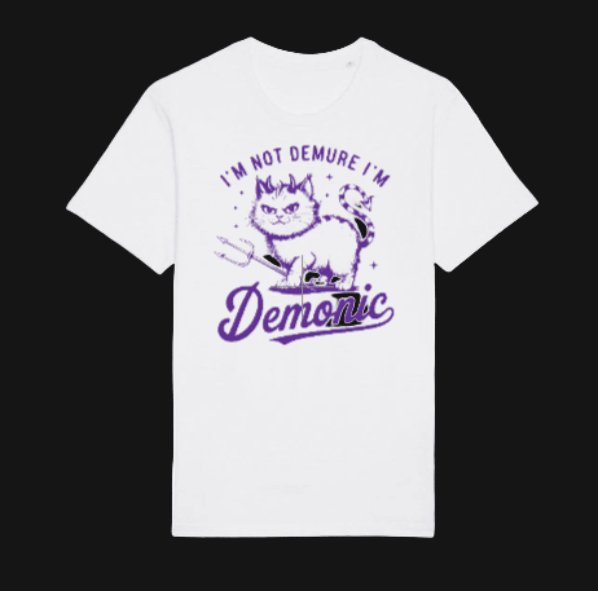 White t-shirt with purple graphic and text on a white background