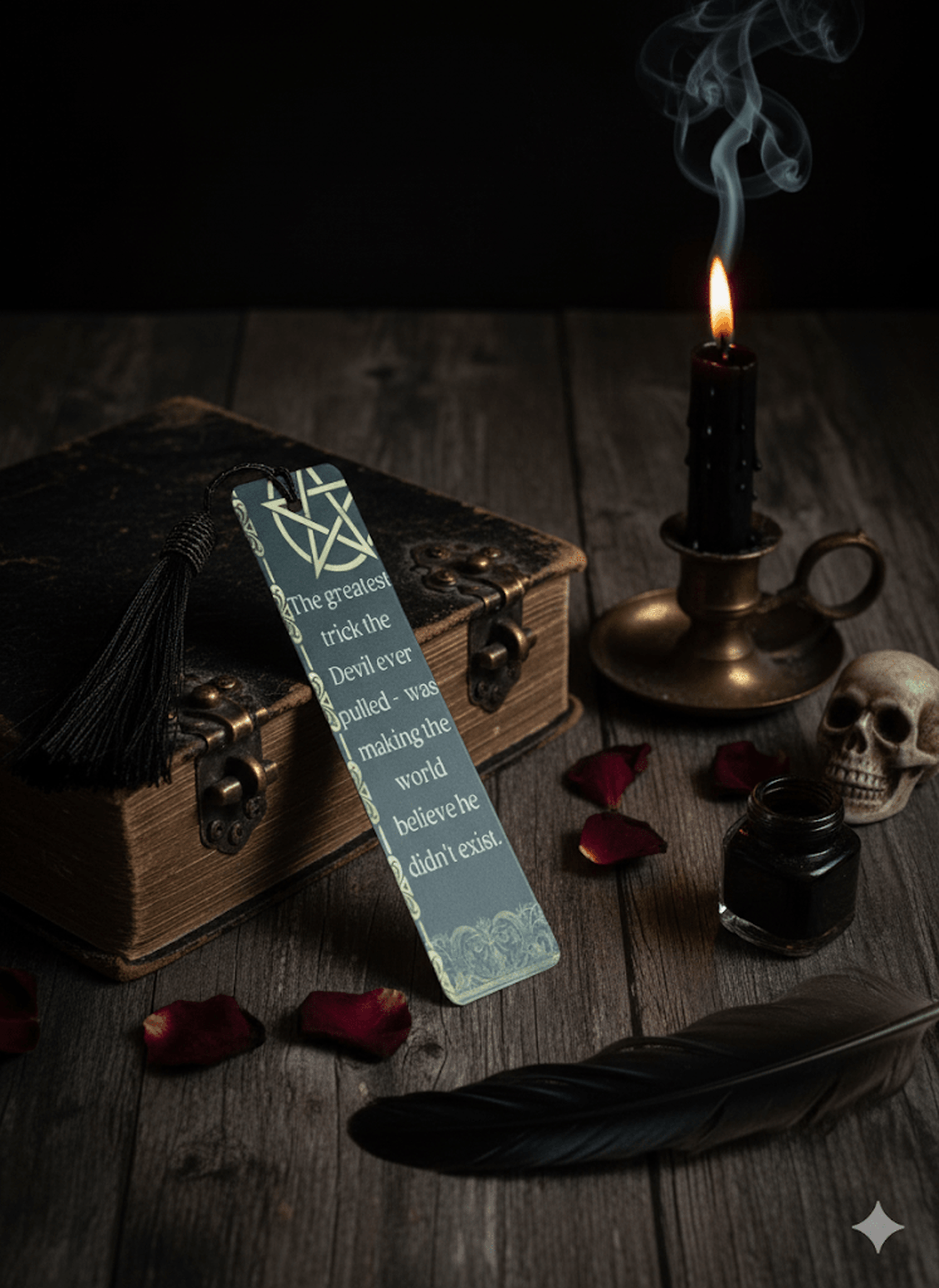 Book with a bookmark, candle, inkwell, and feather on a wooden surface with a dark background.