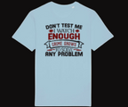 Light blue t-shirt with text design on a white background