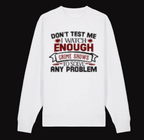 White long-sleeve shirt with text on a white background