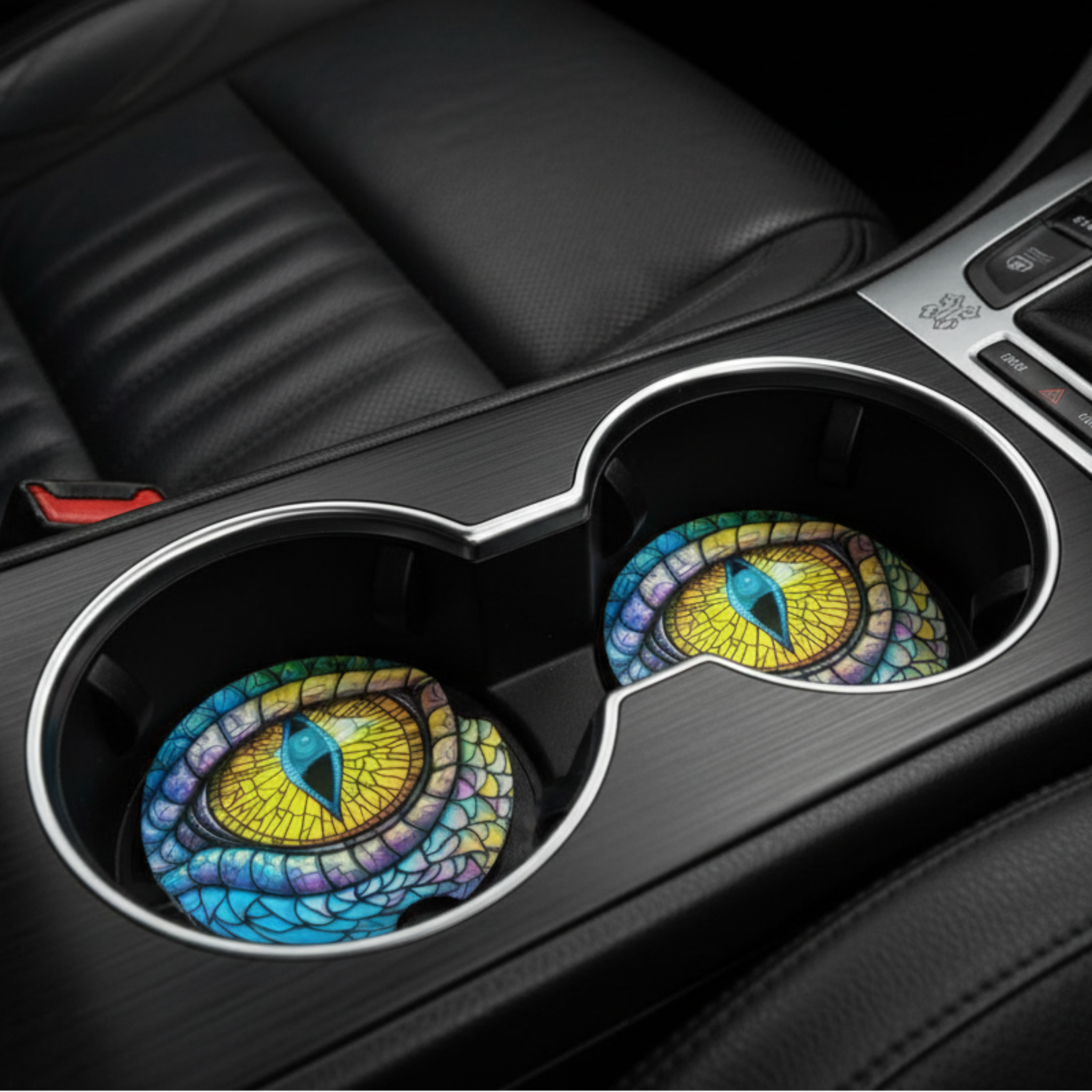 Dragon Eye Car Coasters in use