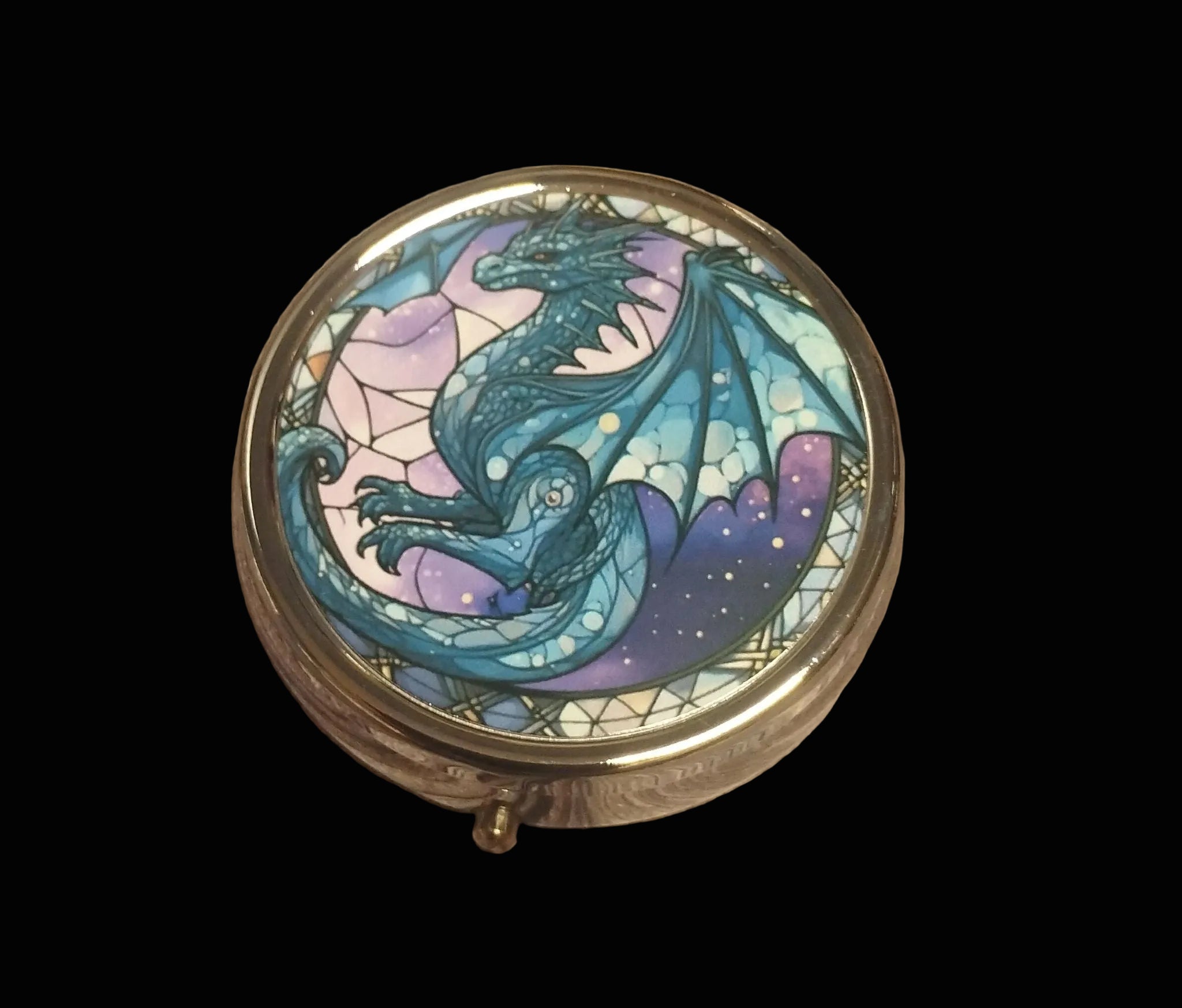 Dragon pill tin with stained-glass style dragon design