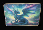 Metal tin with a colorful dragon design on the lid