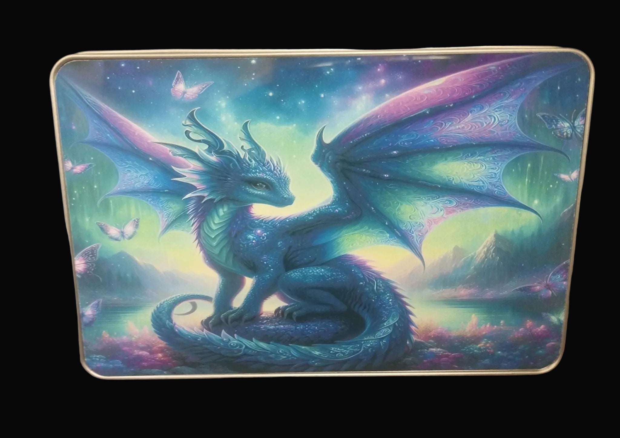Metal tin with a colorful dragon design on the lid