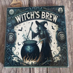 Witch's Brew box with a witch stirring a pot on a wooden surface