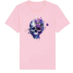 Pink t-shirt with a skull and floral design on a white background