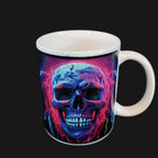 Mug with a colorful skull design on a dark background