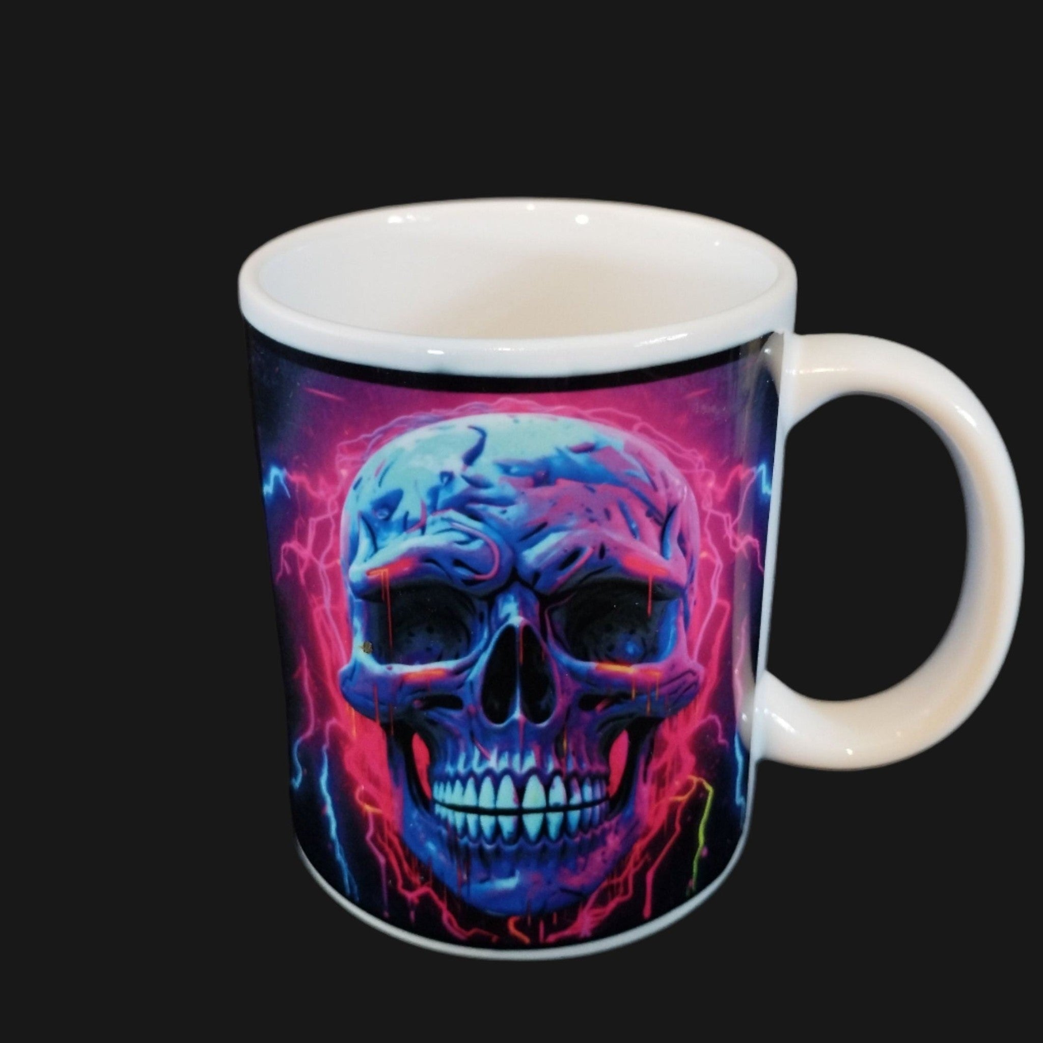 Mug with a colorful skull design on a dark background