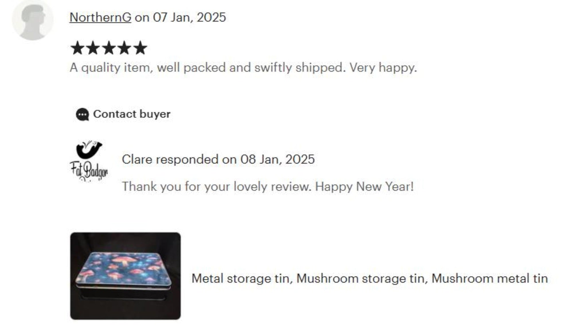 Product review with a metal storage tin and contact information for further interaction.