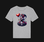 Gray t-shirt with a graphic design of a skull and roses on a white background