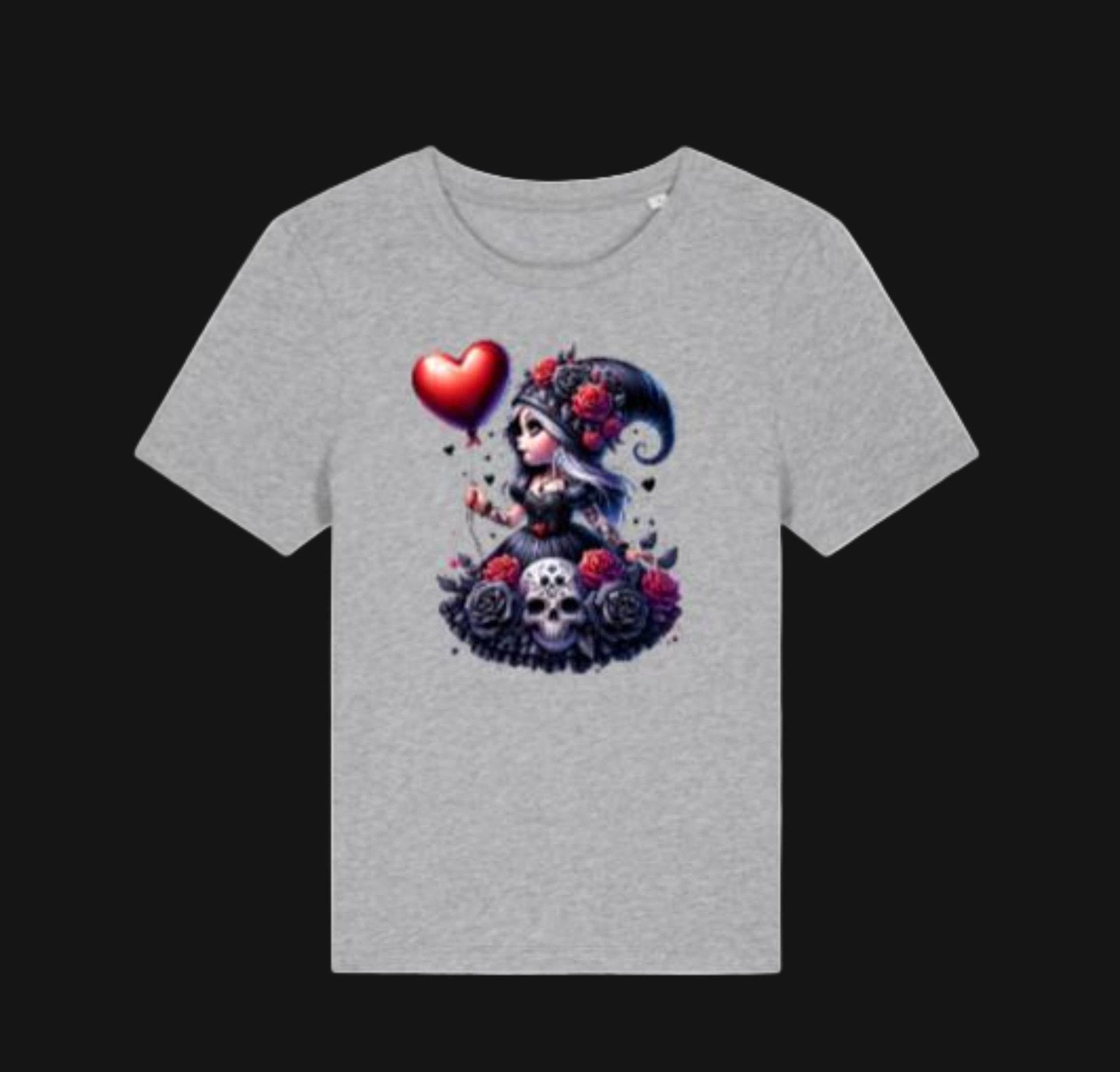 Gray t-shirt with a graphic design of a skull and roses on a white background