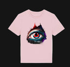 Pink t-shirt with a colorful eye design on a white background