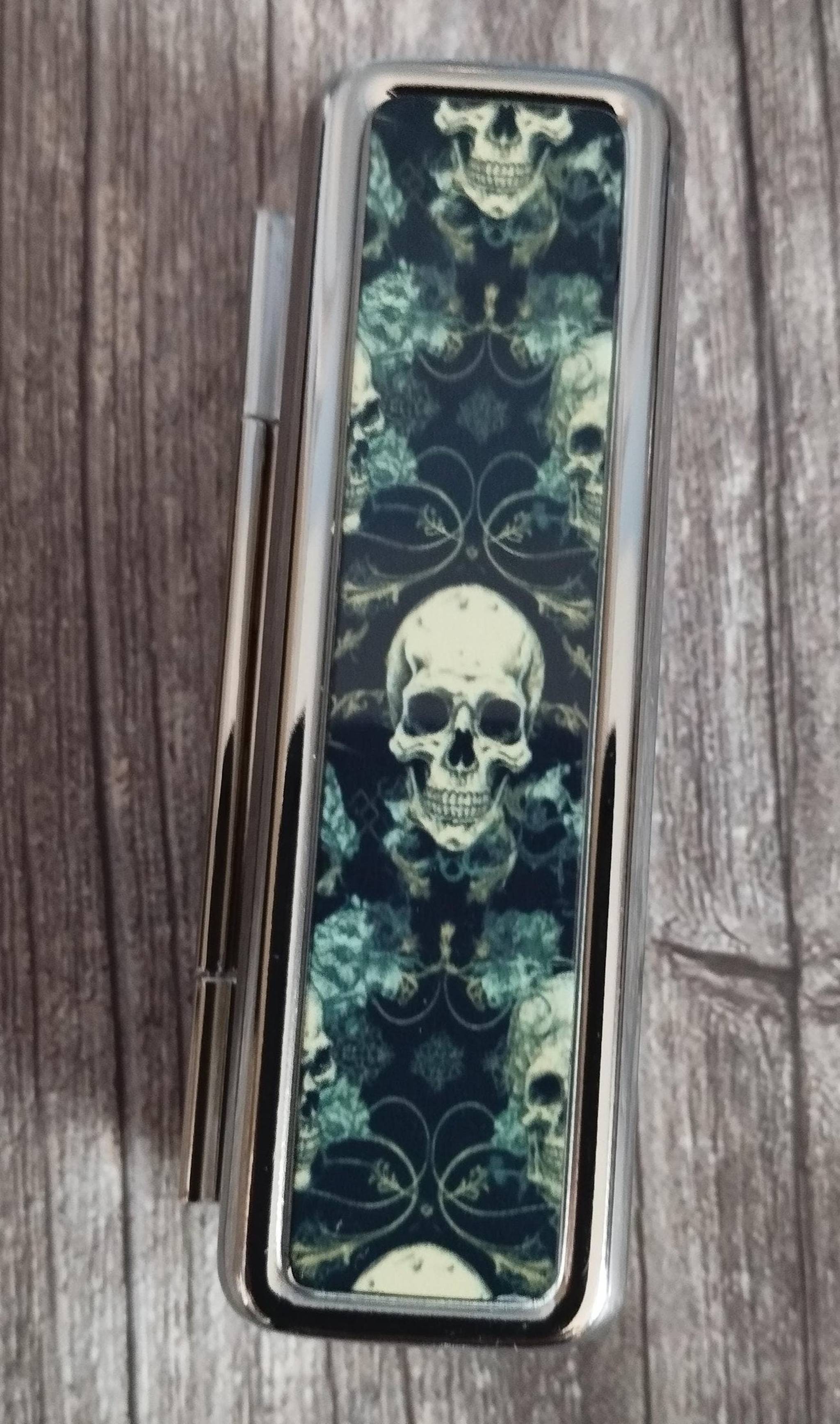 Gothic Skull Lipstick Case: Metal Lipstick Tin with Mirror