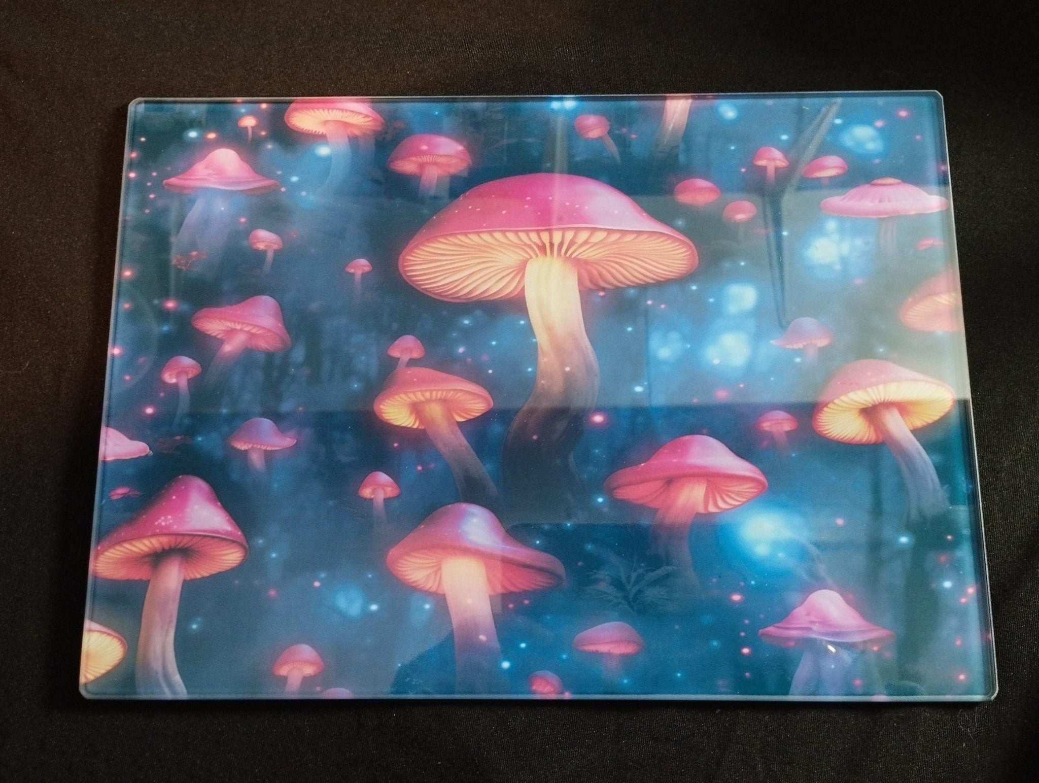 Futuristic mushroom design on a reflective surface with a dark background