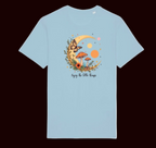 Light blue t-shirt with nature-themed design featuring a butterfly, moon, and sun on a white background.