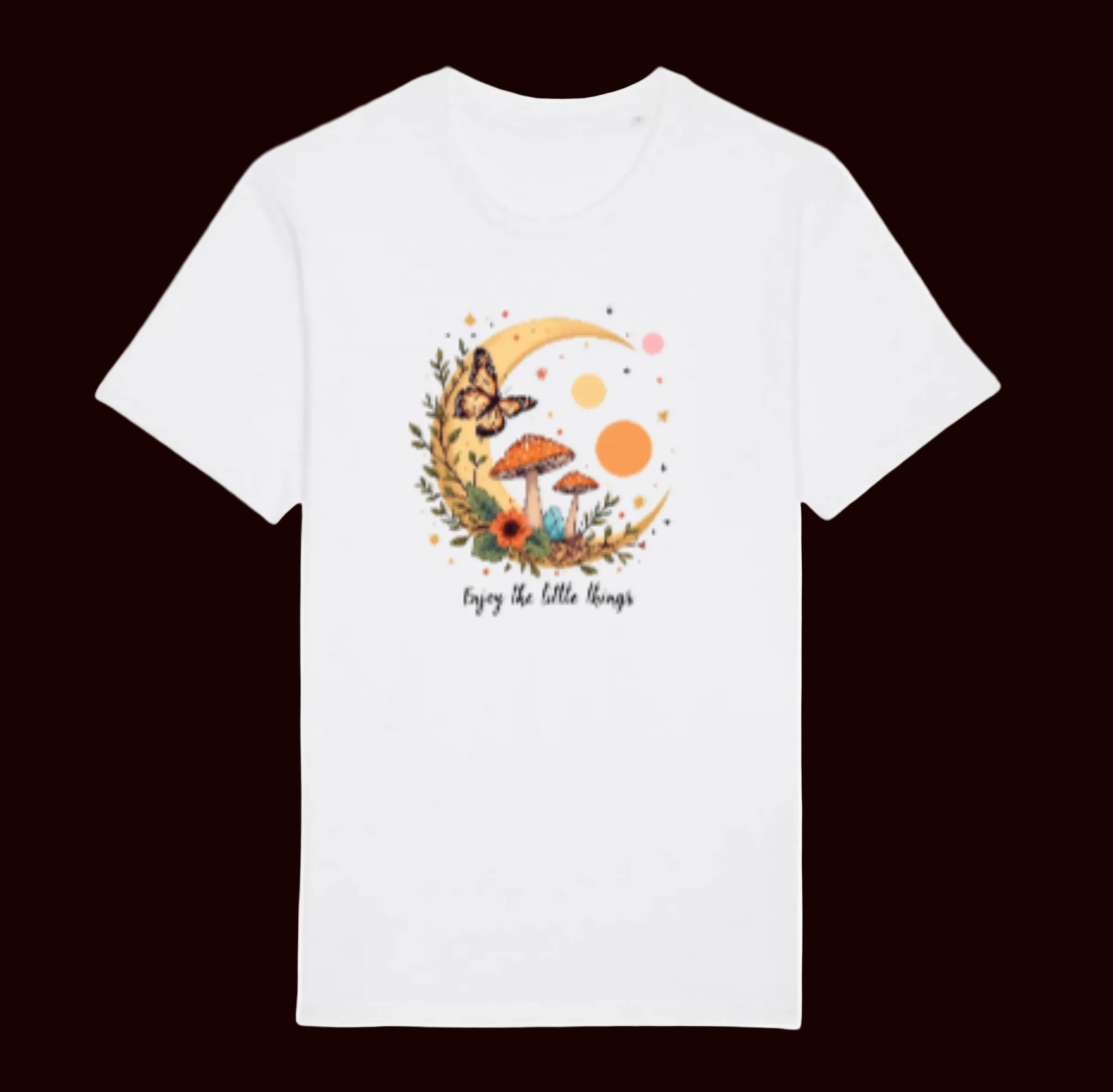 White t-shirt with nature-themed design featuring a moon, flowers, and text on a white background