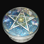 Decorative tin with a pentagram design on a wooden surface
