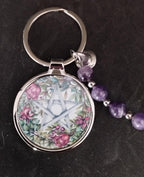 Pentagram keyring, Witch keyring with amethyst crystals and a charm