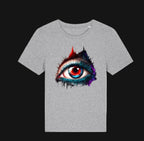 Gray t-shirt with a colorful eye design on a white background