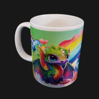 Mug with a colorful dragon design on a black background