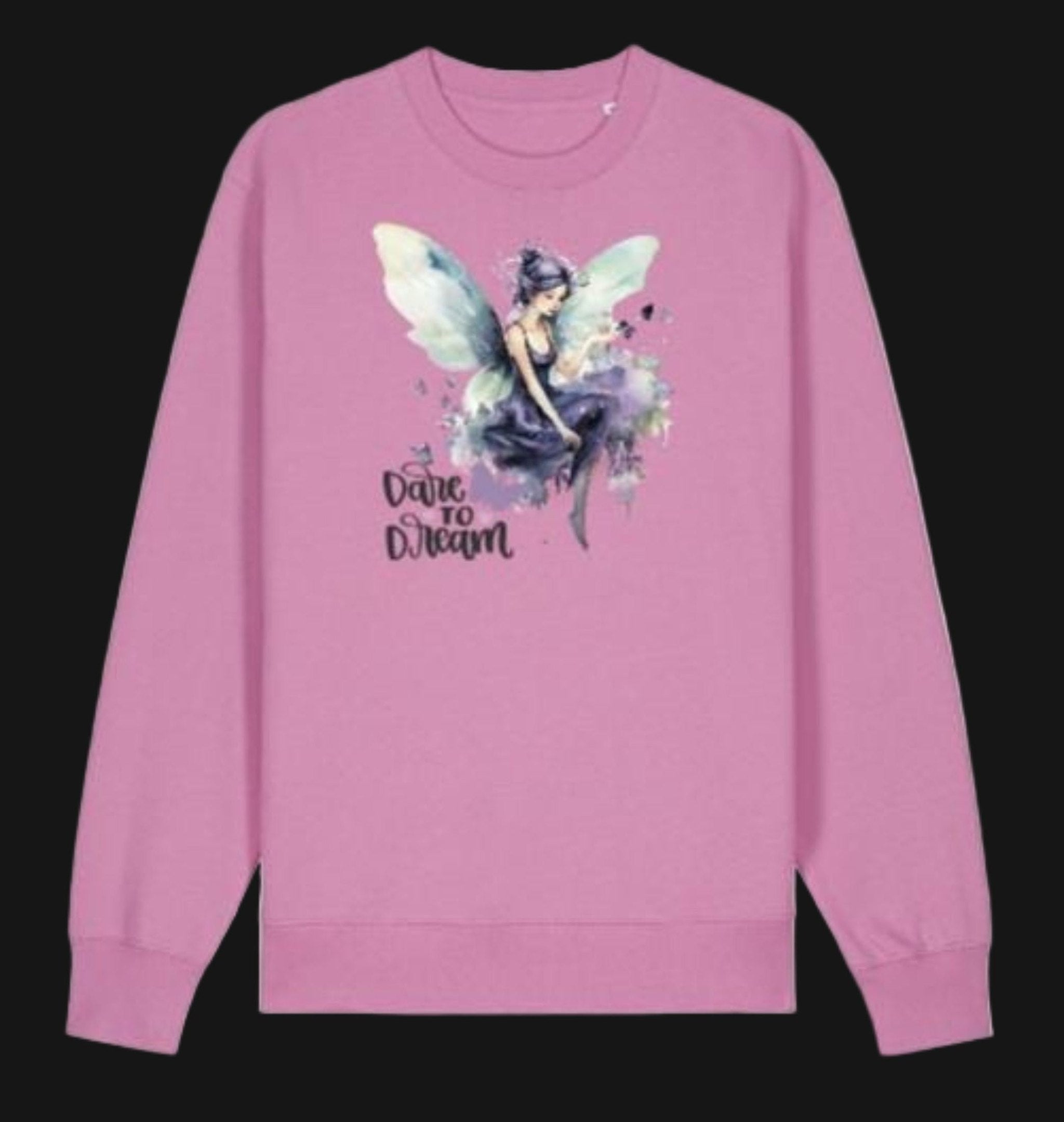 Pink sweatshirt with a fairy graphic and 'Dare to Dream' text on a white background