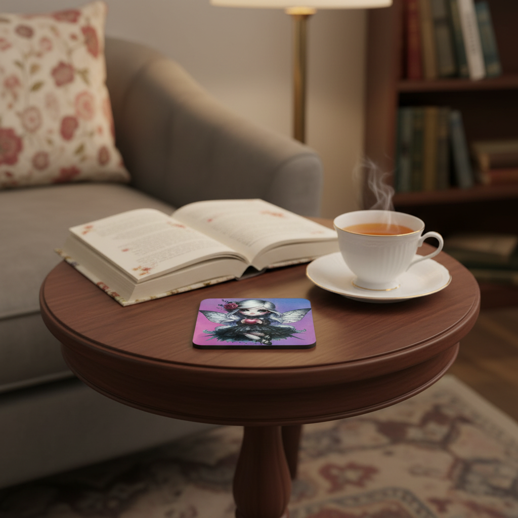 Fairy coaster on side table with book