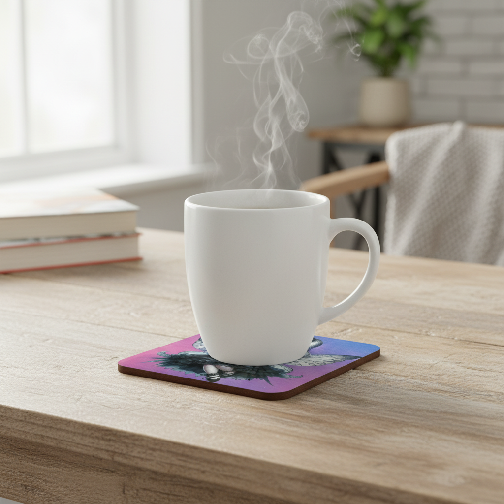Fairy coaster with tea on wooden table