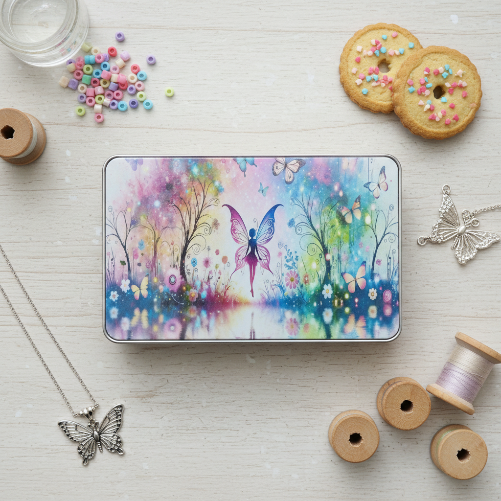 Fairy tin flat lay