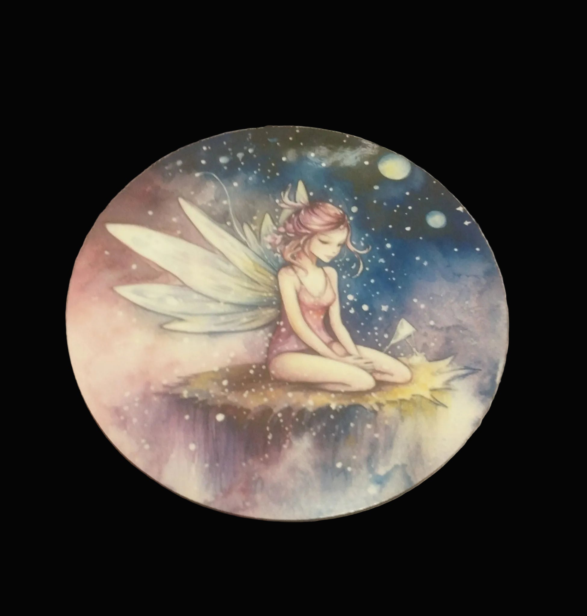 Celestial fairy MDF coaster featuring a dreamy fairy resting beneath a glittering starry night sky