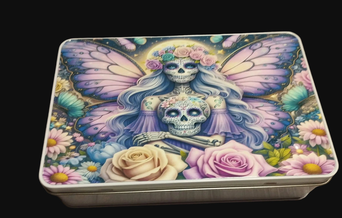 Fairy skeleton tin with sugar skull fairy, butterfly wings and floral design
